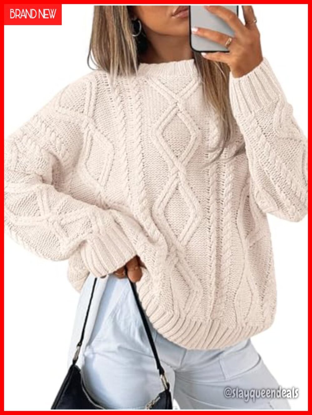 Oversized Cable Knit Sweater Cotton Blend Crew Neck Long Sleeve Pullover